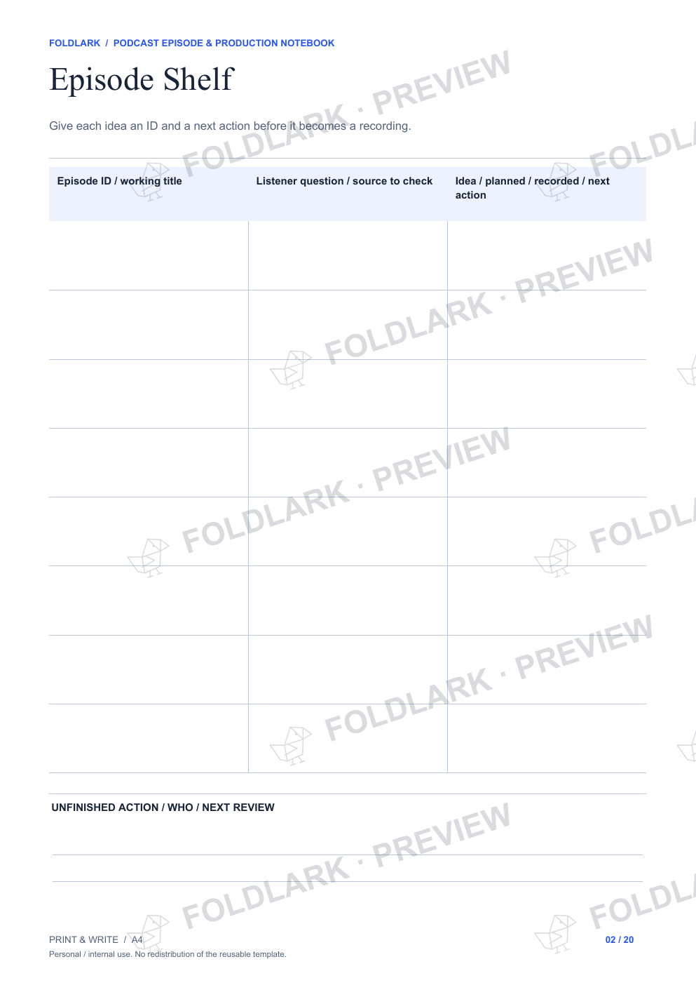 Actual Episode Shelf template, empty protected preview.