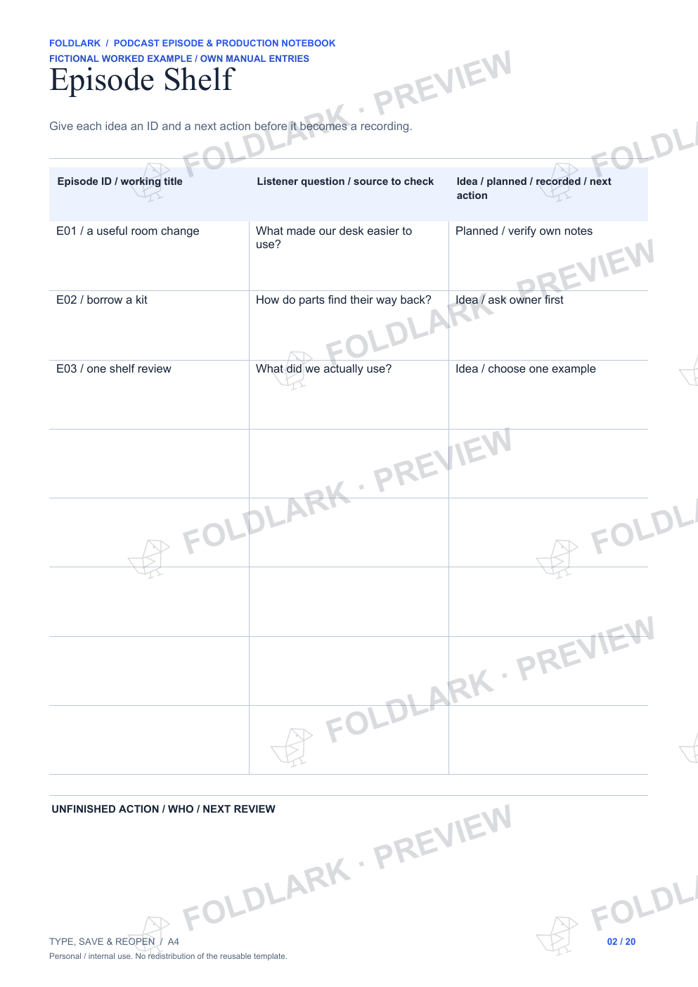 Podcast Episode & Production Notebook - fictional filled example