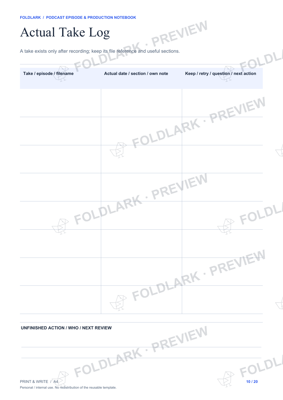 Actual Take Log: actual marked preview
