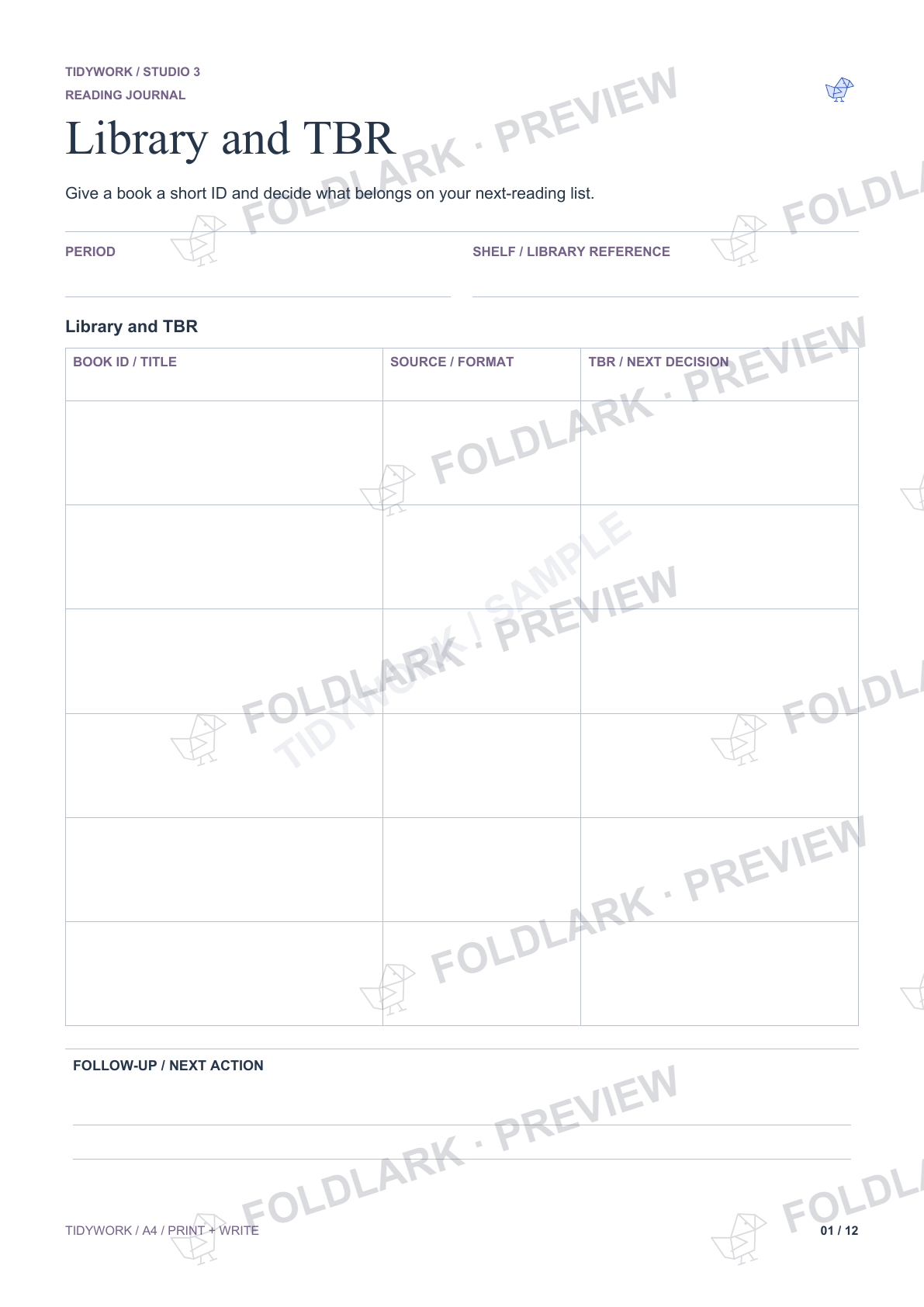 Actual Library and TBR template from Reading Journal