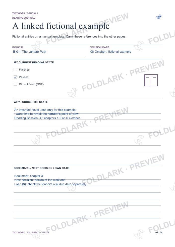 Reading Journal - fictional filled example