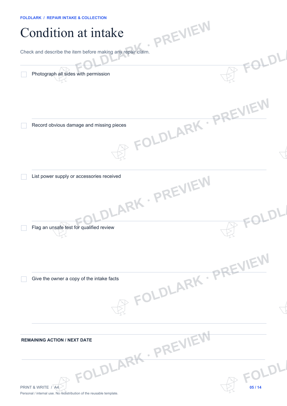 Condition at intake: actual marked preview