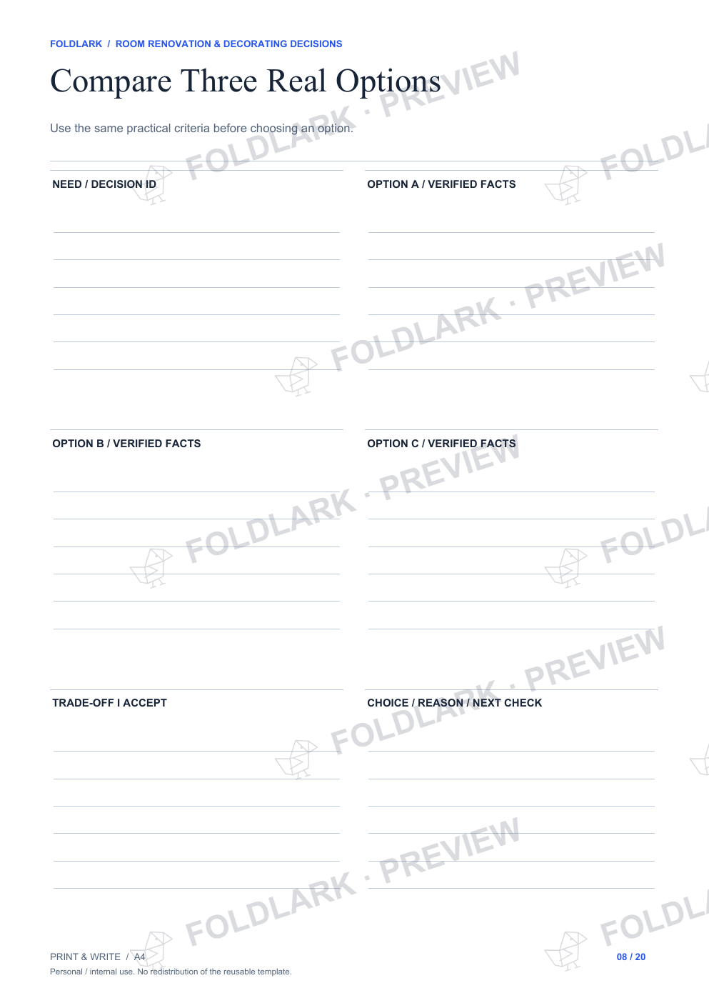 Actual Compare Three Real Options template, empty protected preview.