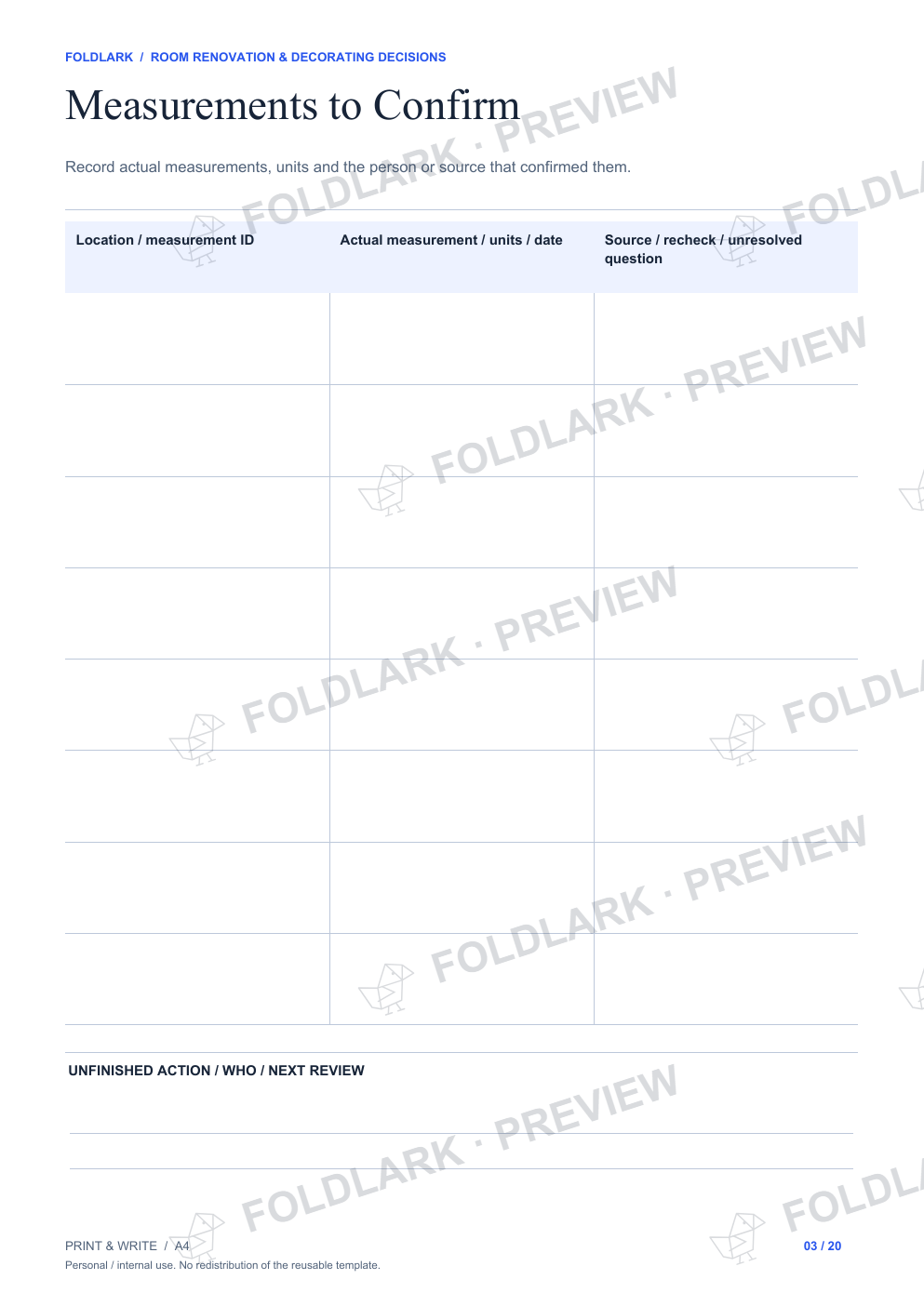 Measurements to Confirm: actual marked preview