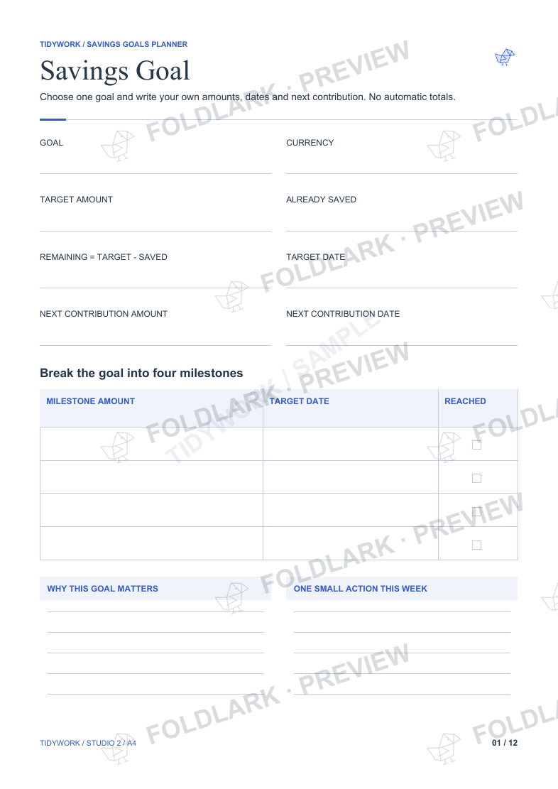 Savings Goal printable with goal, target amount, amount already saved, target date and next contribution fields.