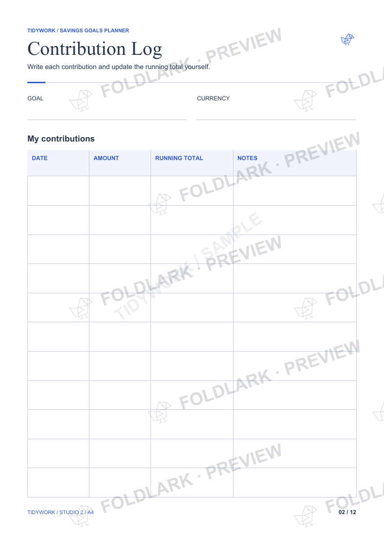 Contribution Log printable with date, amount, manual running total and notes columns.