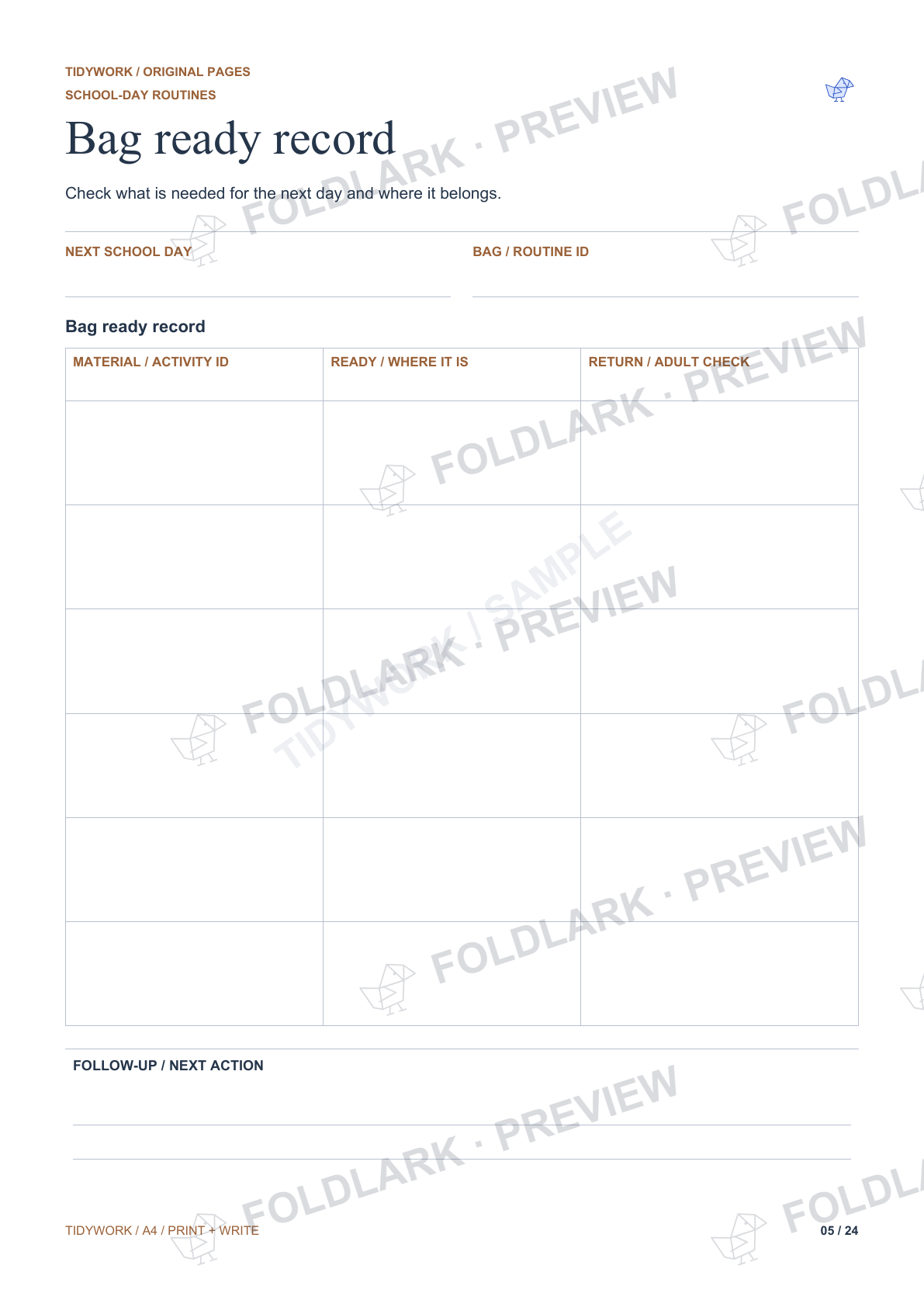 Bag ready record: actual marked preview