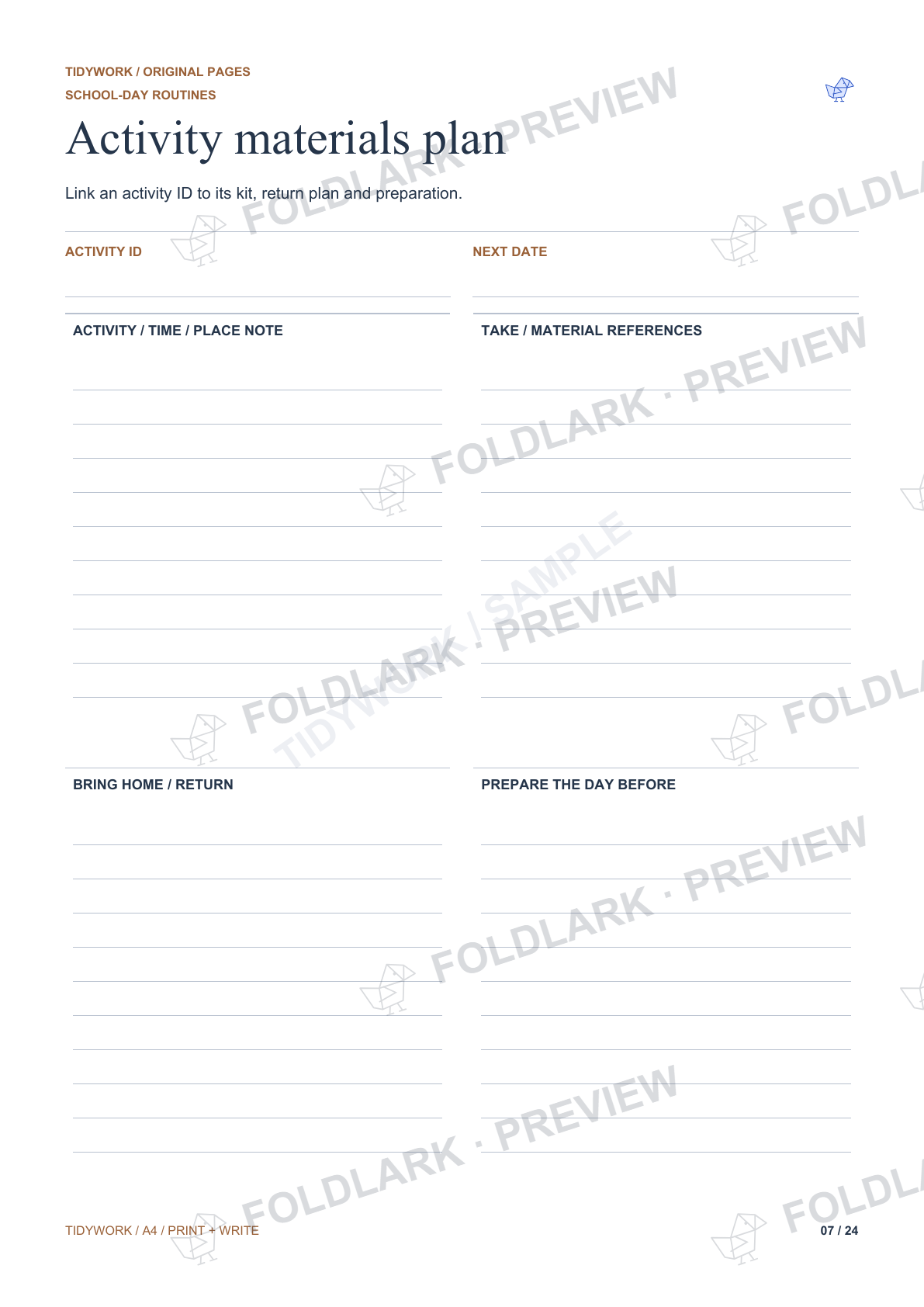 Activity materials plan: actual marked preview