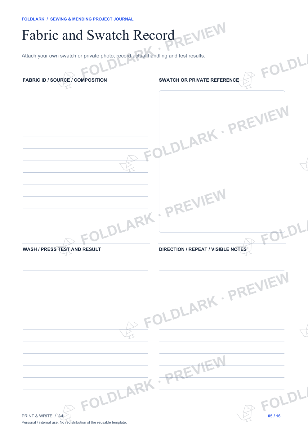 Fabric and Swatch Record: actual marked preview