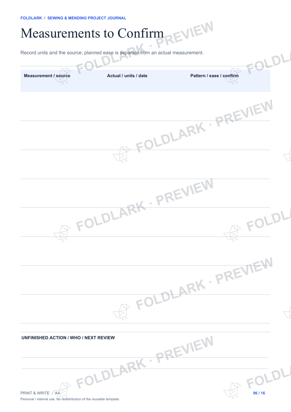 Measurements to Confirm: actual marked preview