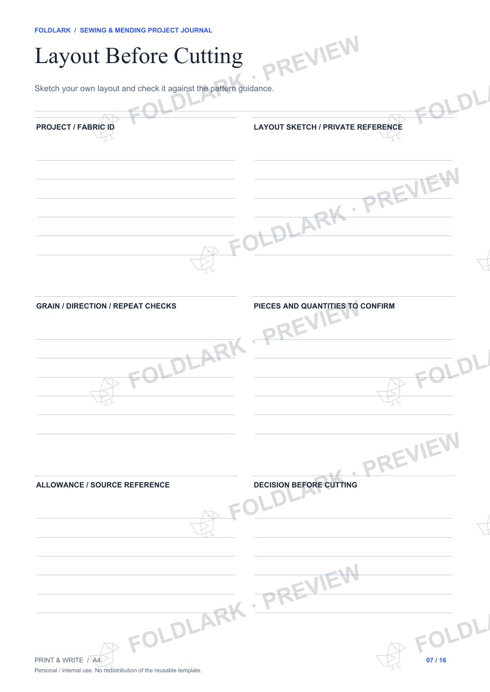 Layout Before Cutting: actual marked preview