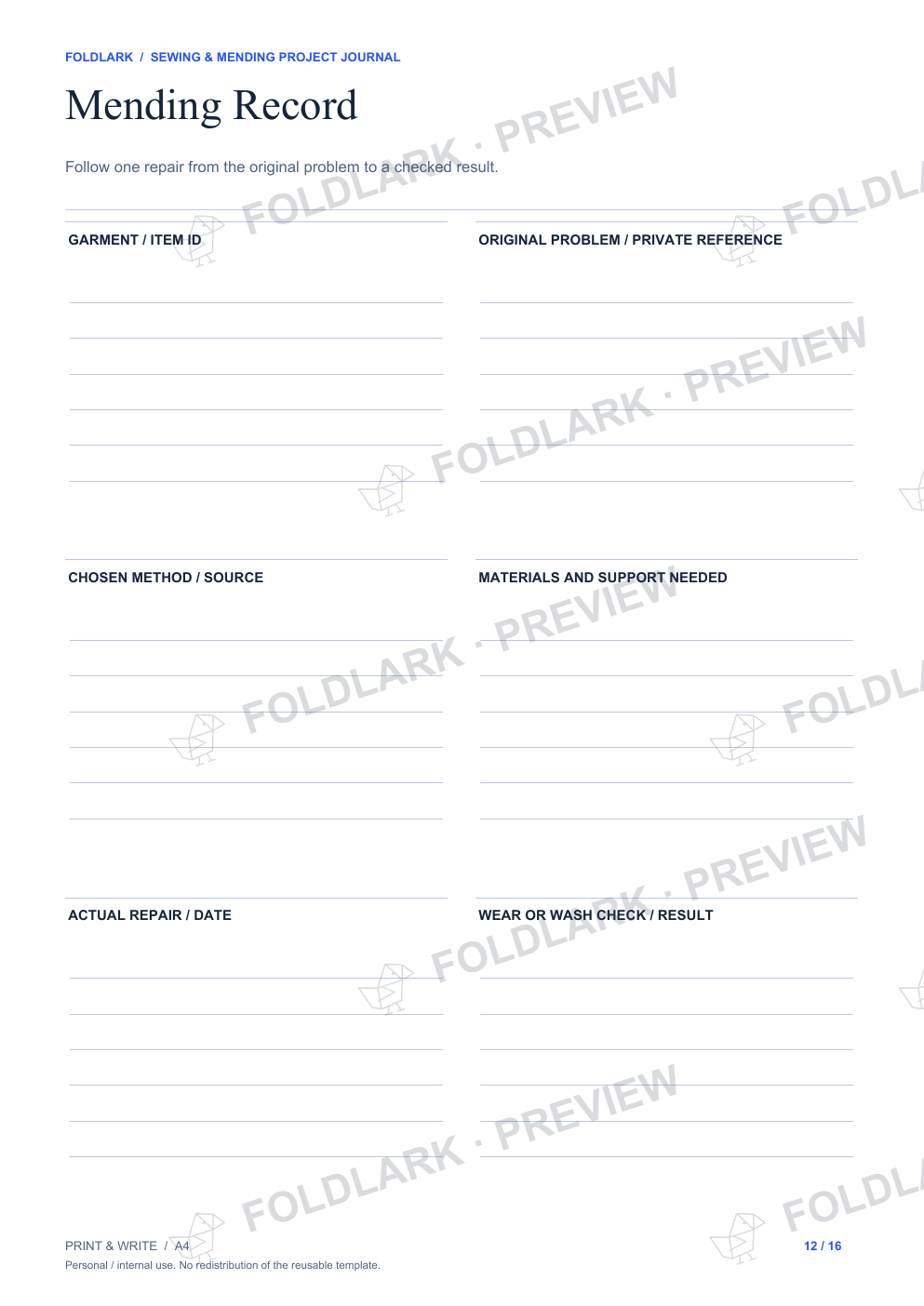 Mending Record: actual marked preview