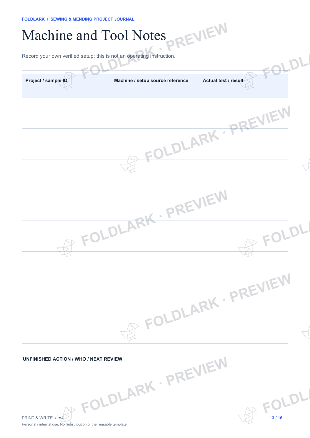 Machine and Tool Notes: actual marked preview