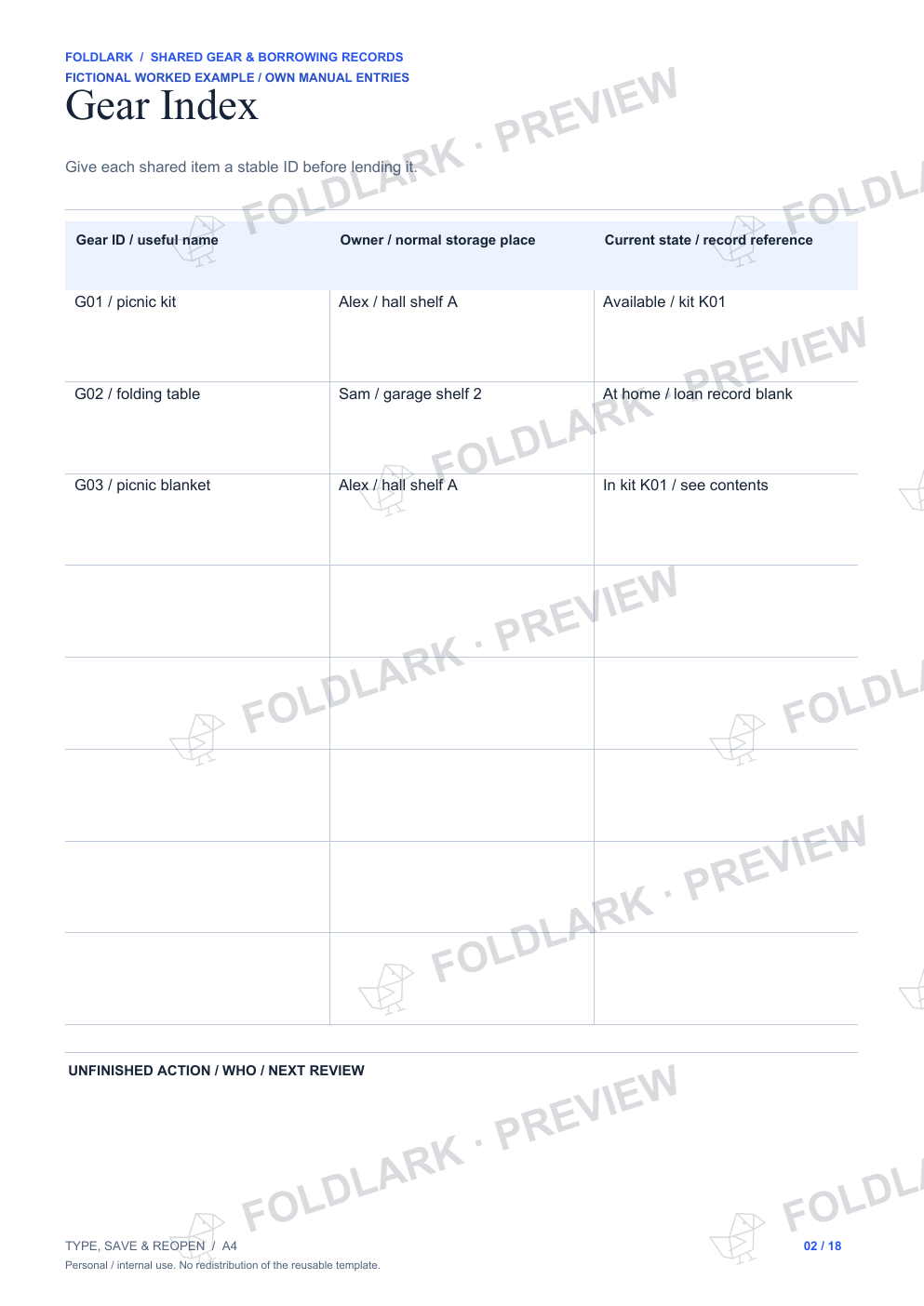 Shared Gear & Borrowing Records - fictional filled example