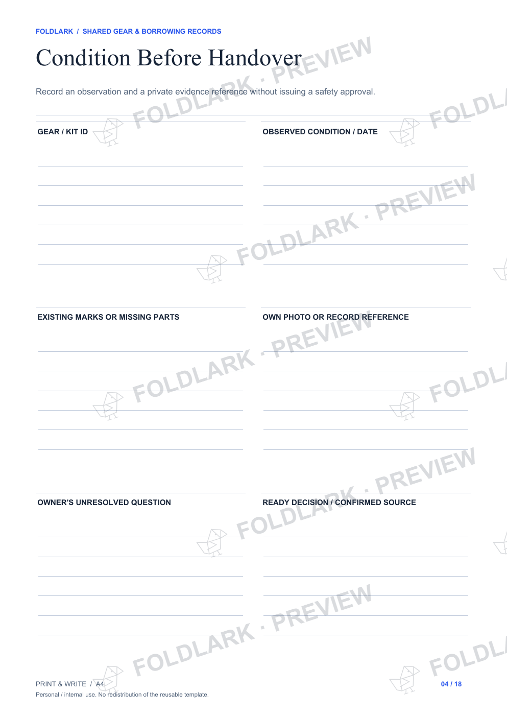 Condition Before Handover: actual marked preview