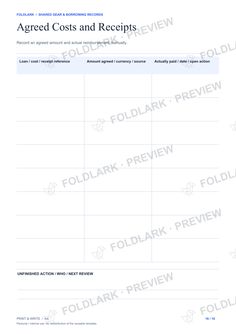 Agreed Costs and Receipts: actual marked preview
