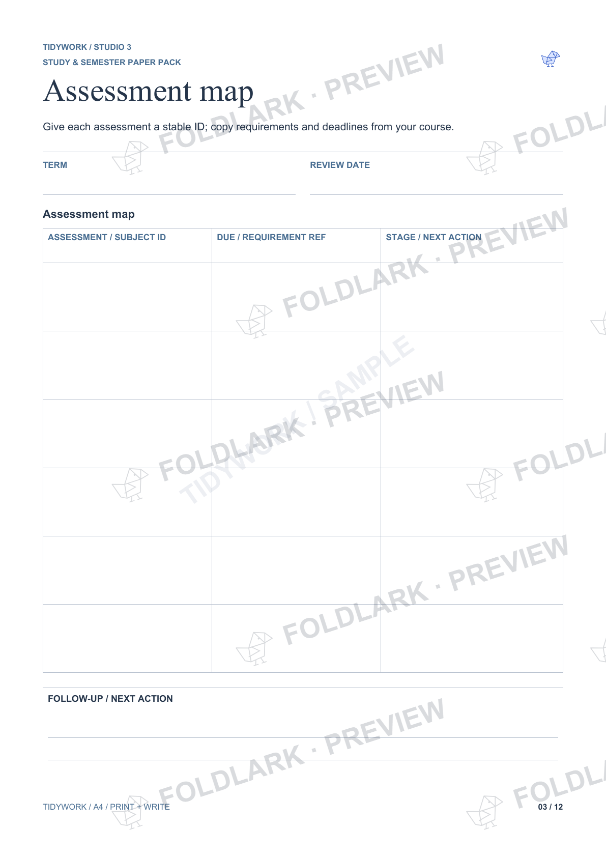 Actual Assessment map template from Study & Semester Paper Pack