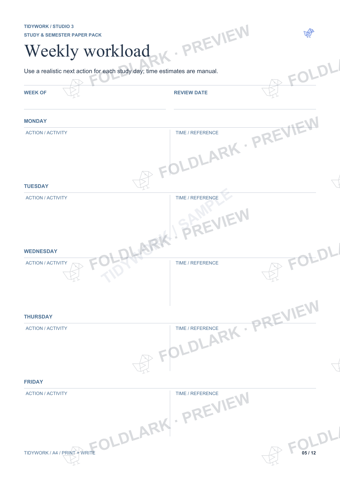 Weekly workload: actual marked preview