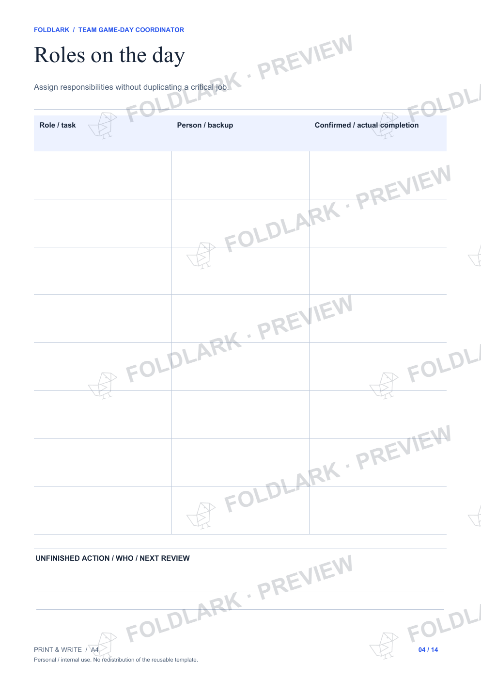 Roles on the day: actual marked preview