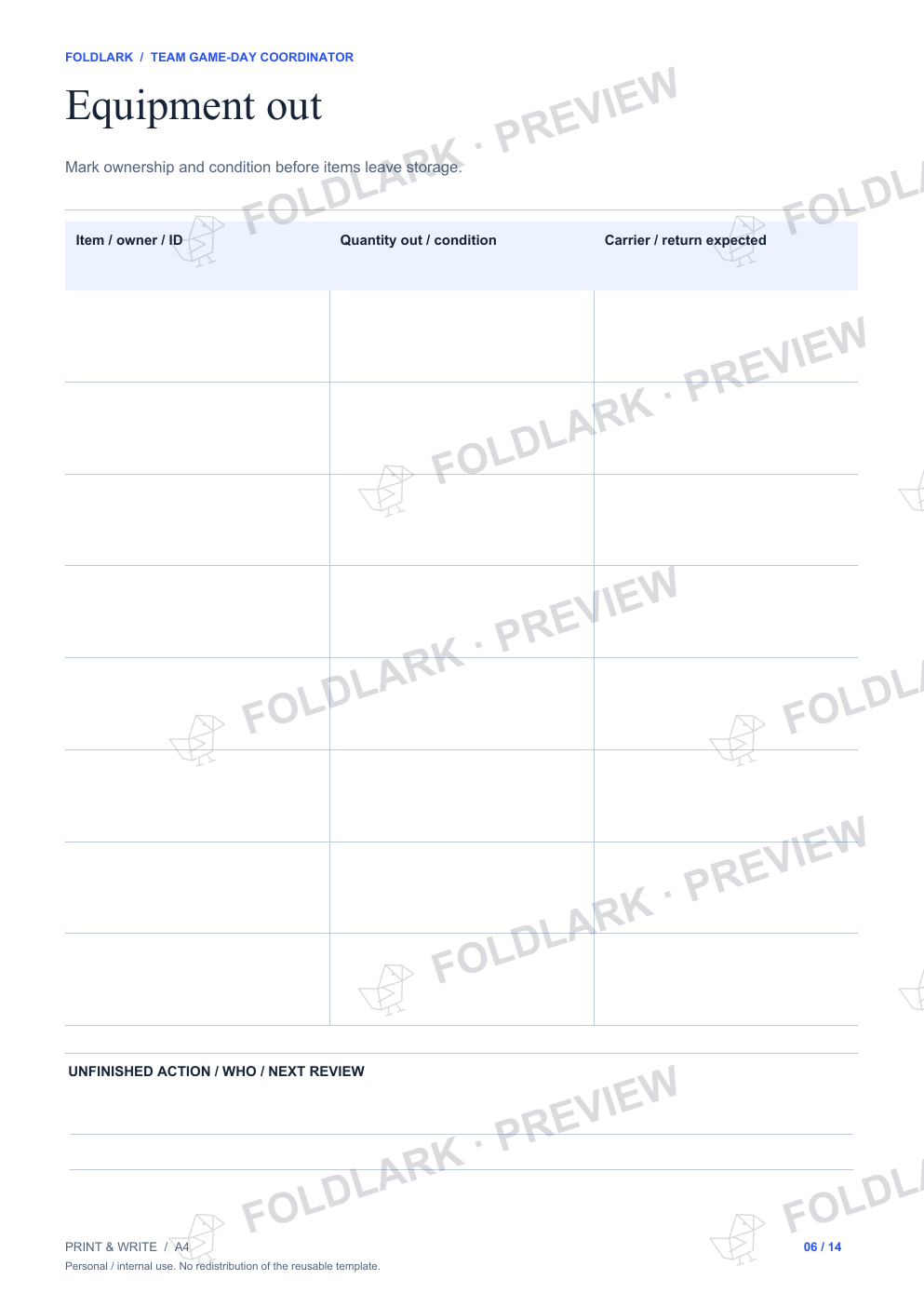 Equipment out: actual marked preview