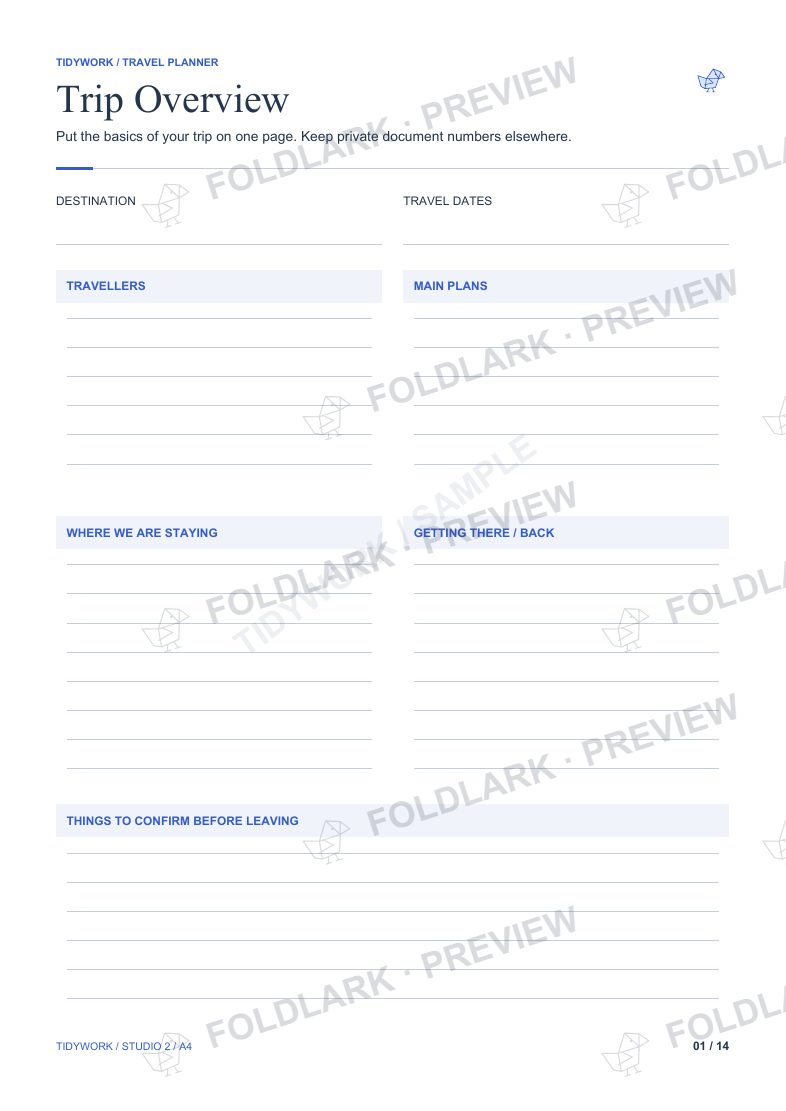Trip Overview printable with destination, dates, travellers and main-plan areas.