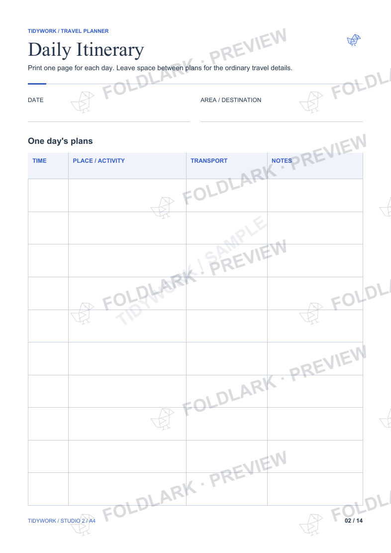 Daily Itinerary printable with time, place or activity, transport and notes columns.