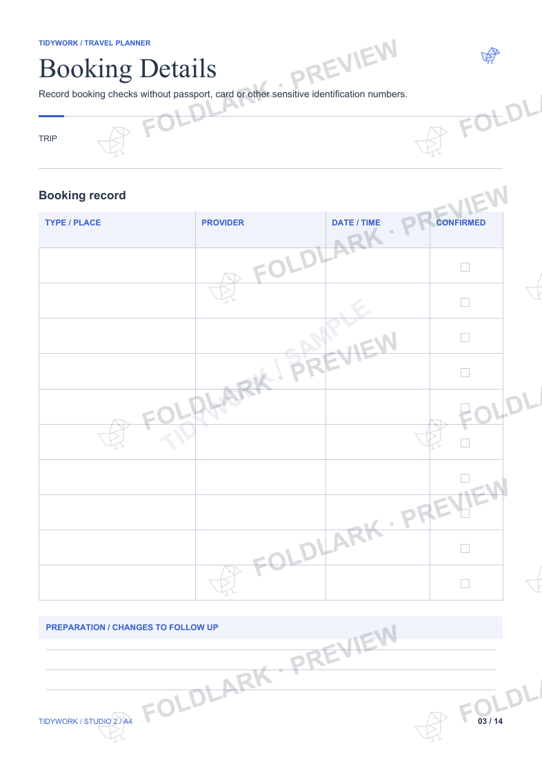 Booking Details: actual marked preview