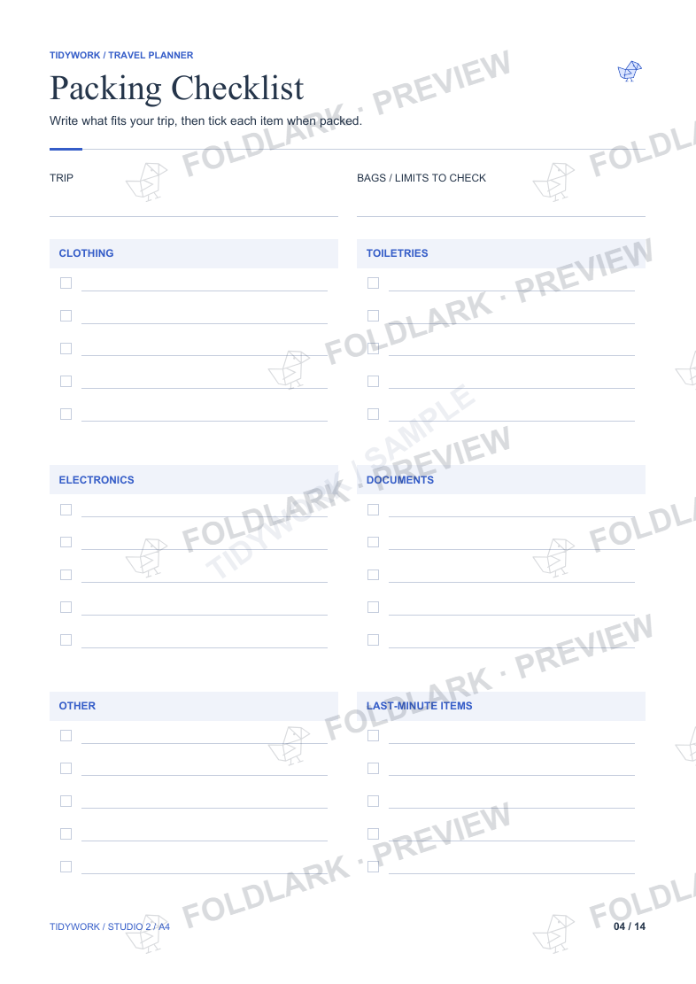 Packing Checklist: actual marked preview