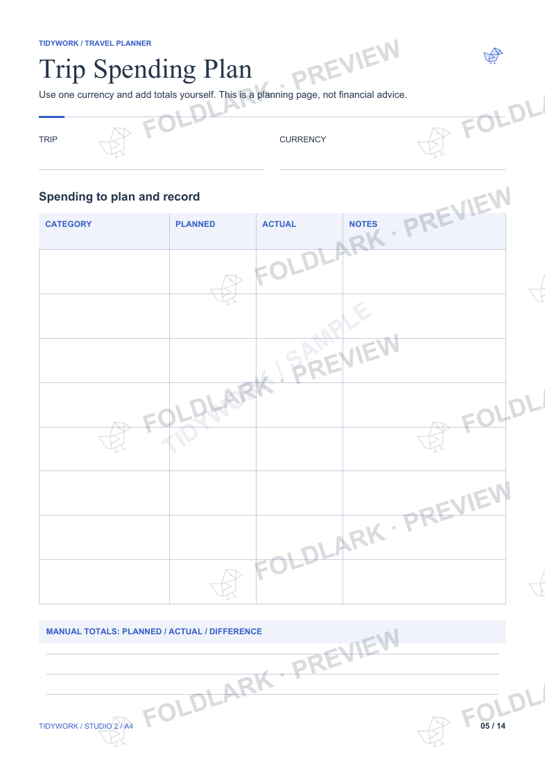 Trip Spending Plan: actual marked preview