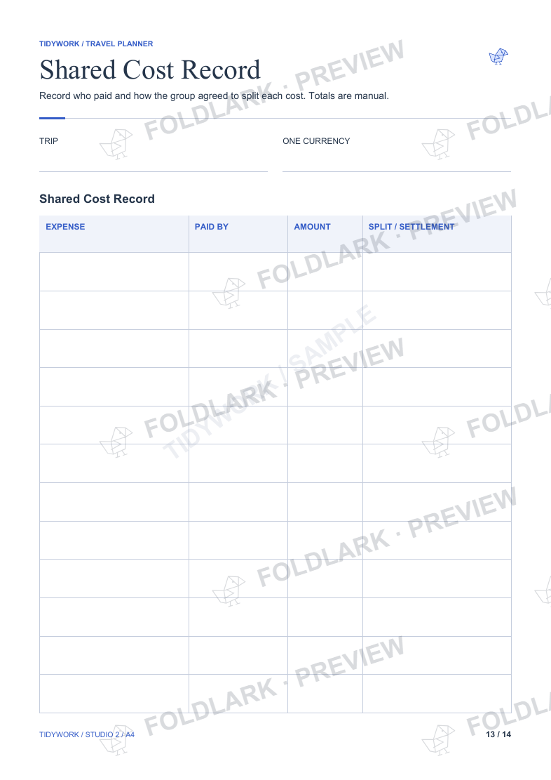 Shared Cost Record: actual marked preview