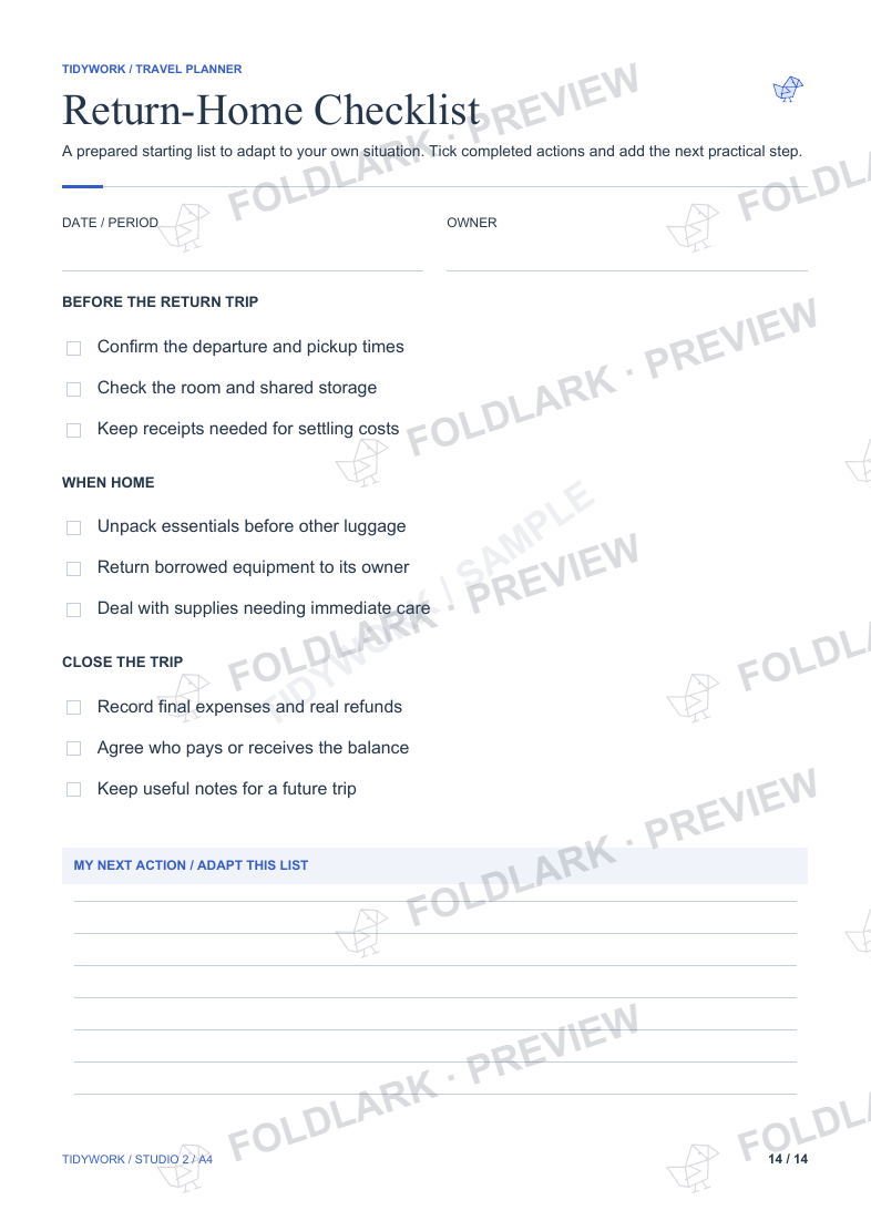Return-Home Checklist: actual marked preview
