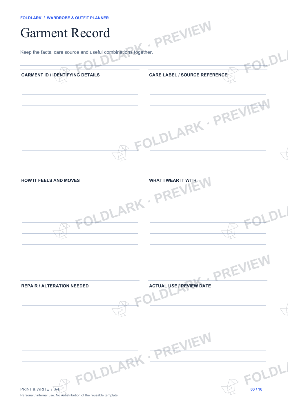 Garment Record: actual marked preview