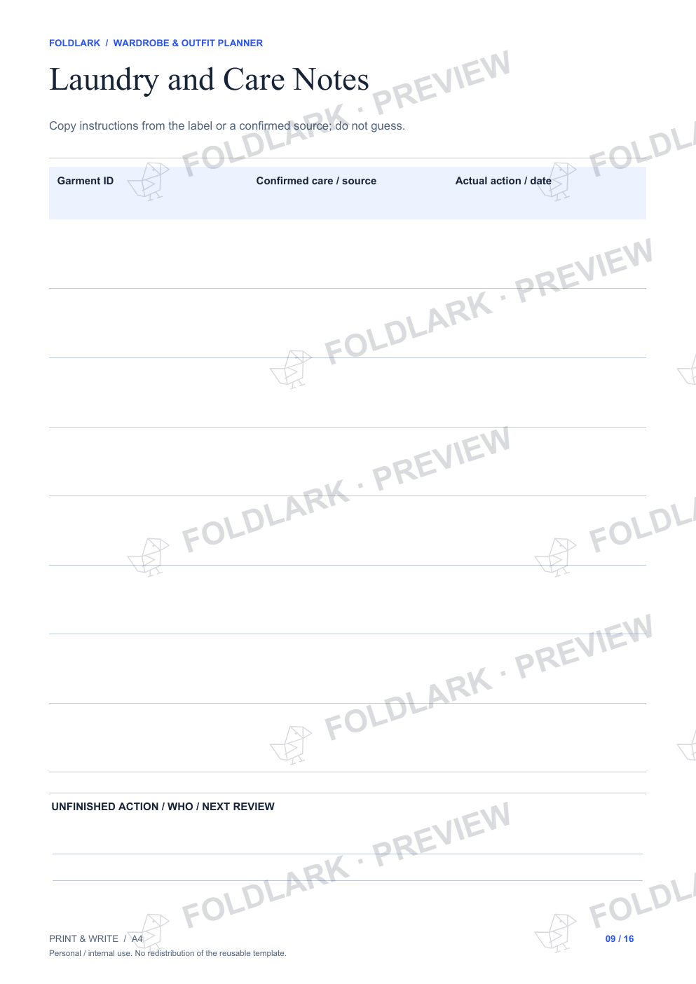 Laundry and Care Notes: actual marked preview