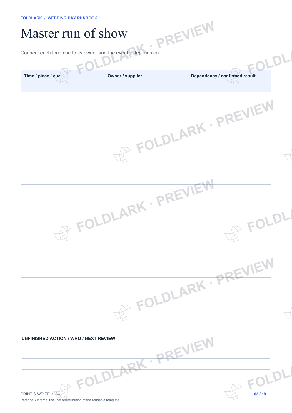 Master run of show: actual marked preview
