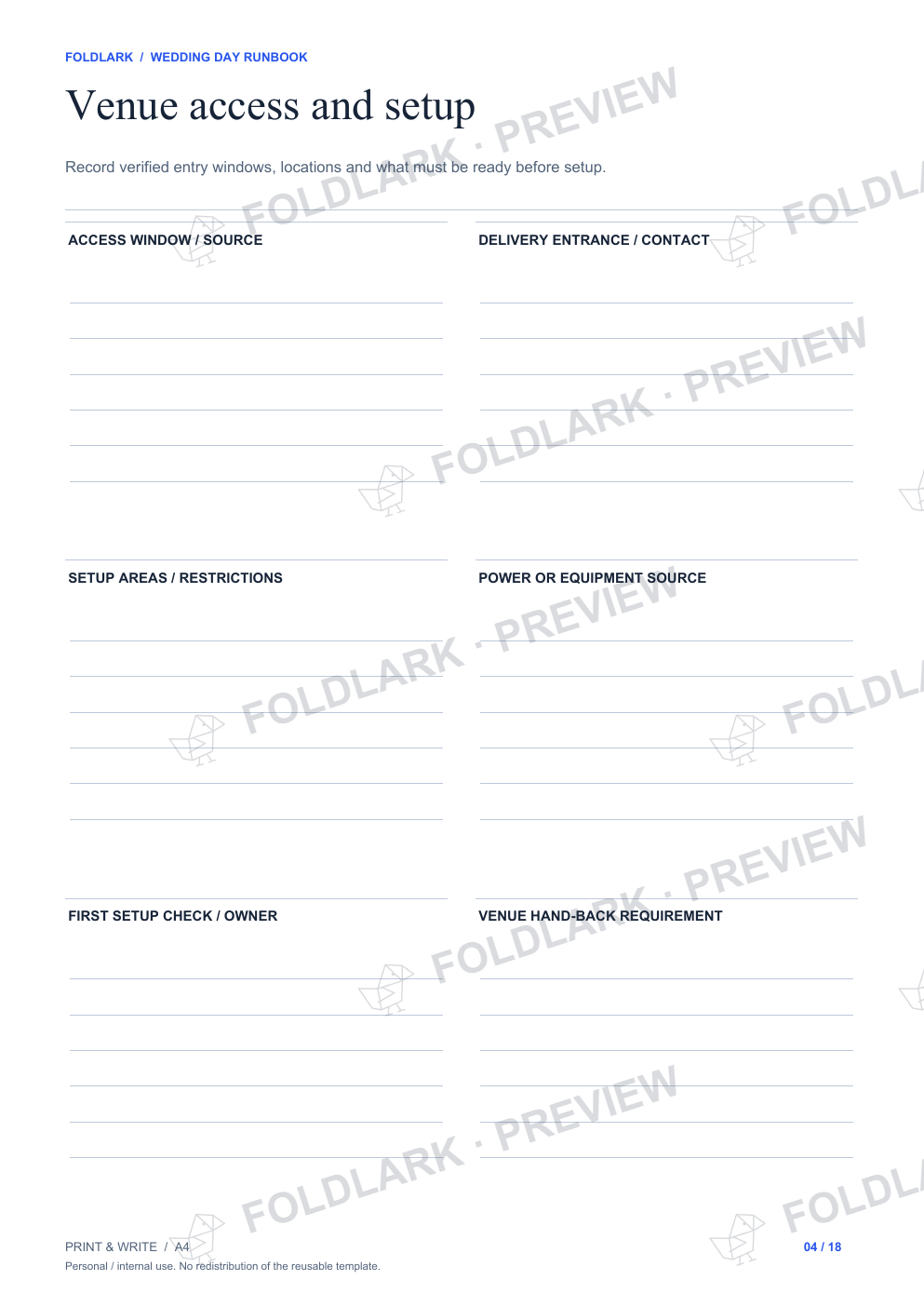 Venue access and setup: actual marked preview