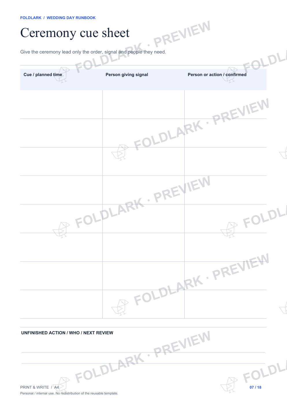 Ceremony cue sheet: actual marked preview