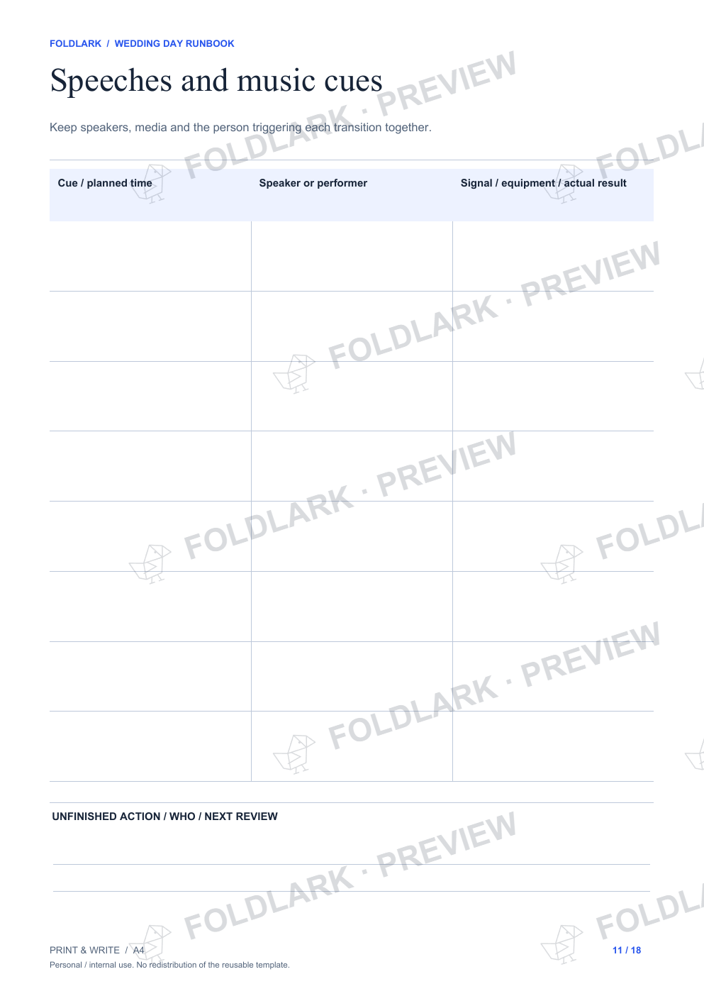 Speeches and music cues: actual marked preview