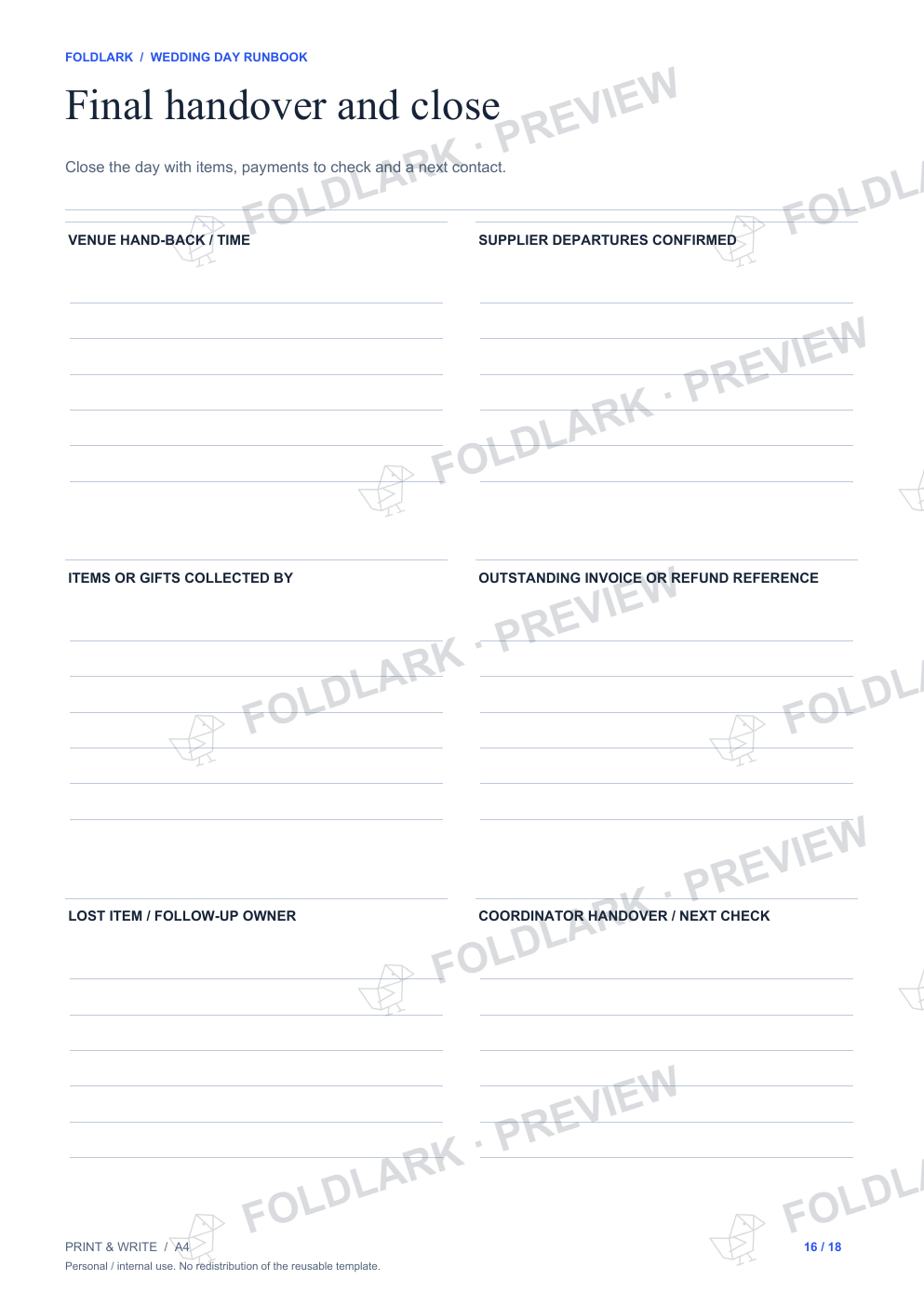 Final handover and close: actual marked preview