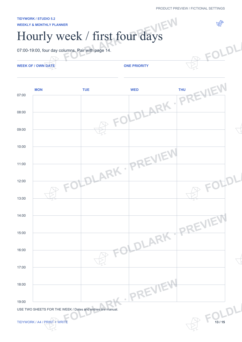 Actual hourly weekly printable, first four days, 07:00-19:00.