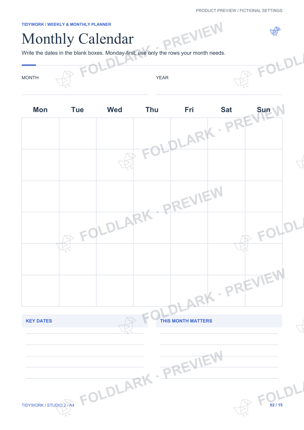 Monthly Calendar: actual marked preview