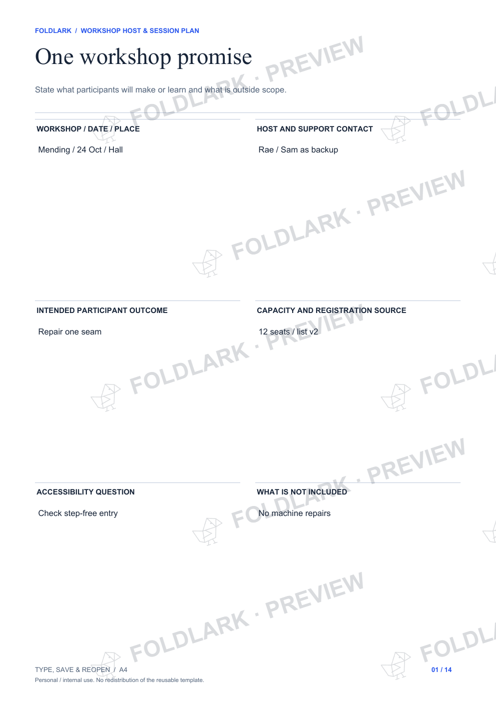 Workshop Host & Session Plan - fictional filled example