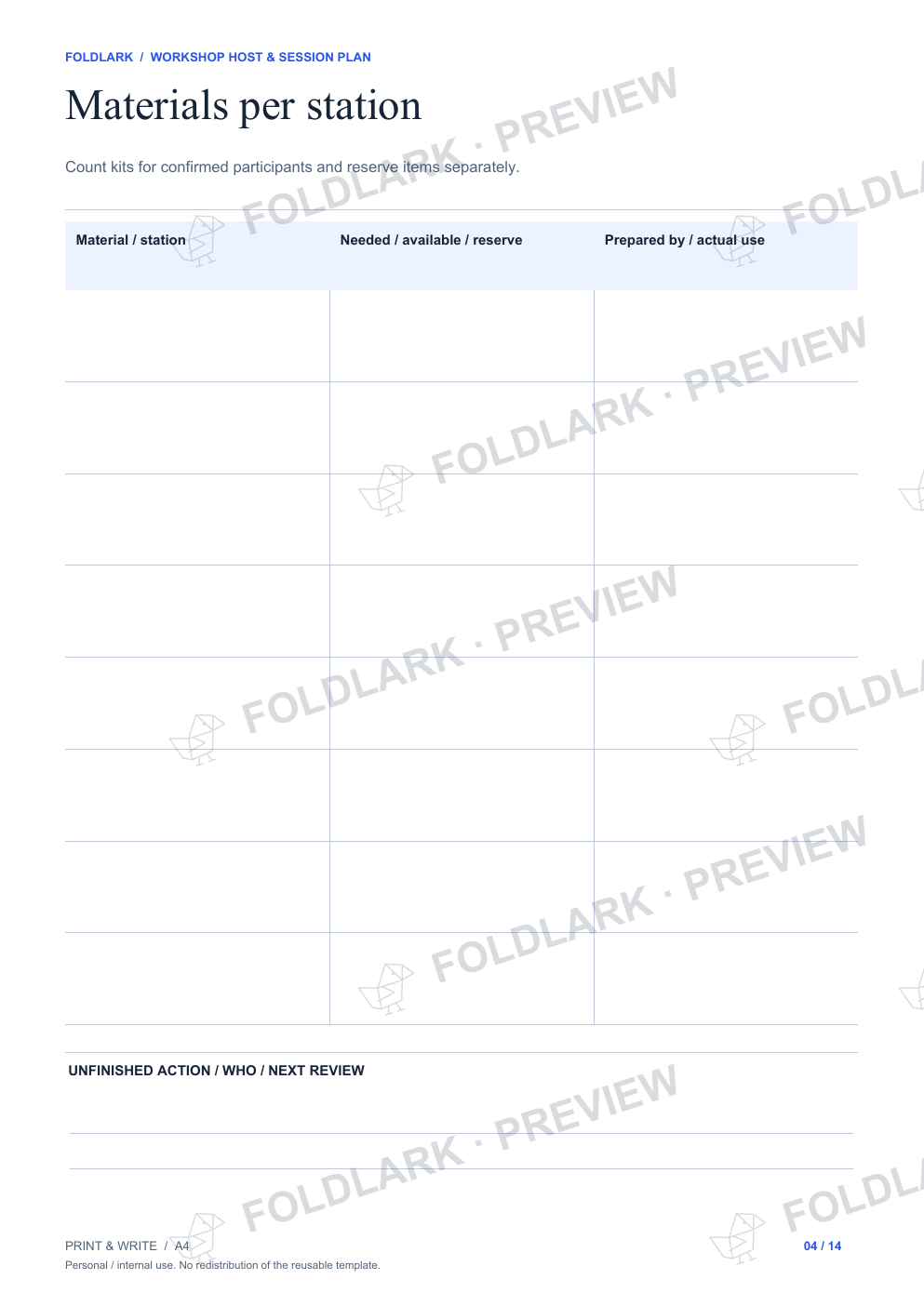 Materials per station: actual marked preview