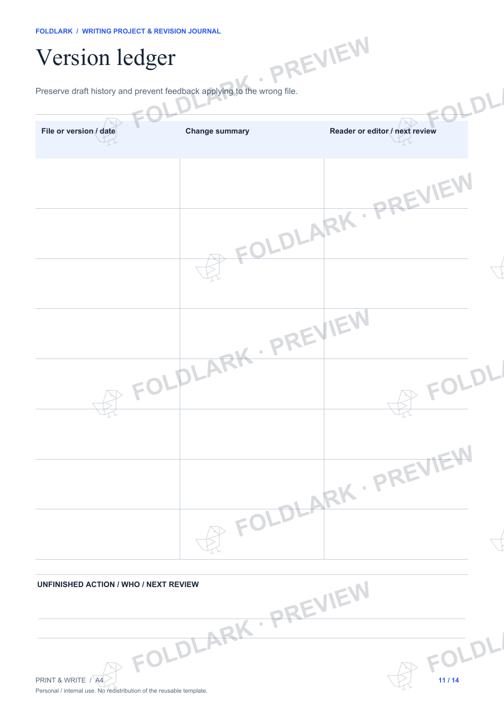 Version ledger: actual marked preview