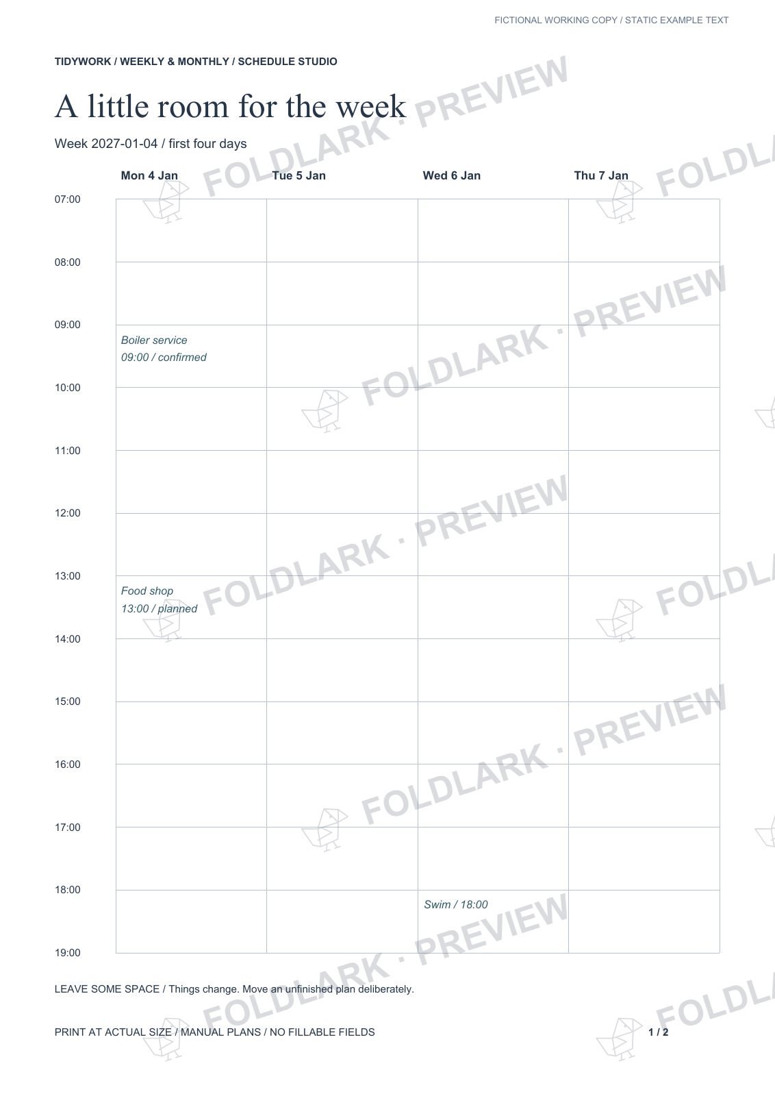 Monday / confirmed and planned; actual PDF with static fictional notes