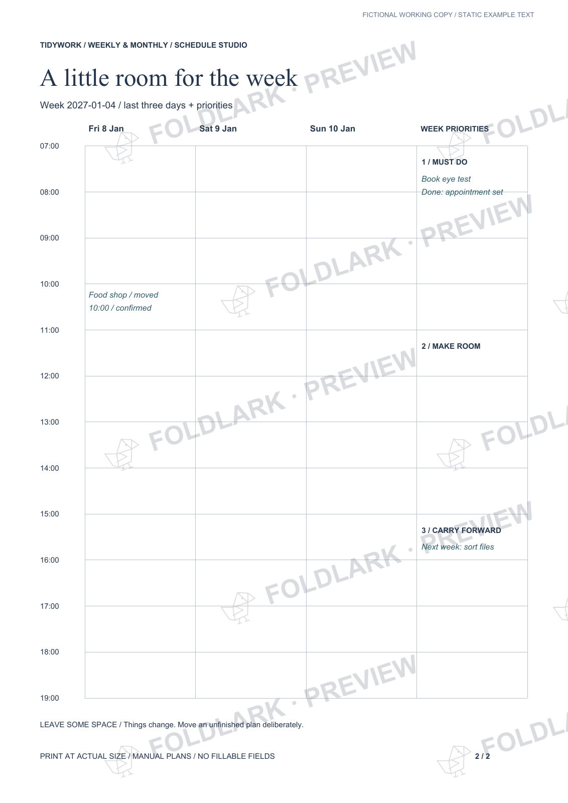 Friday and the carry-forward choice; actual PDF with static fictional notes